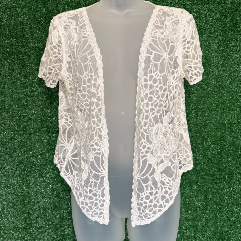 Ronni Nicole White Floral Lace Open Front Cardigan Top Festival Fairy